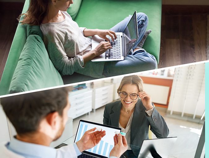 Vrouw shopt online op haar laptop en een persoon shopt voor contactlenzen in de winkel