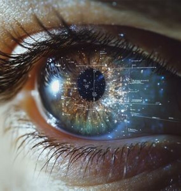 Gros plan d’un œil humain dans lequel se reflètent l'univers et des données codées, symbolisant le futur de l’optique.