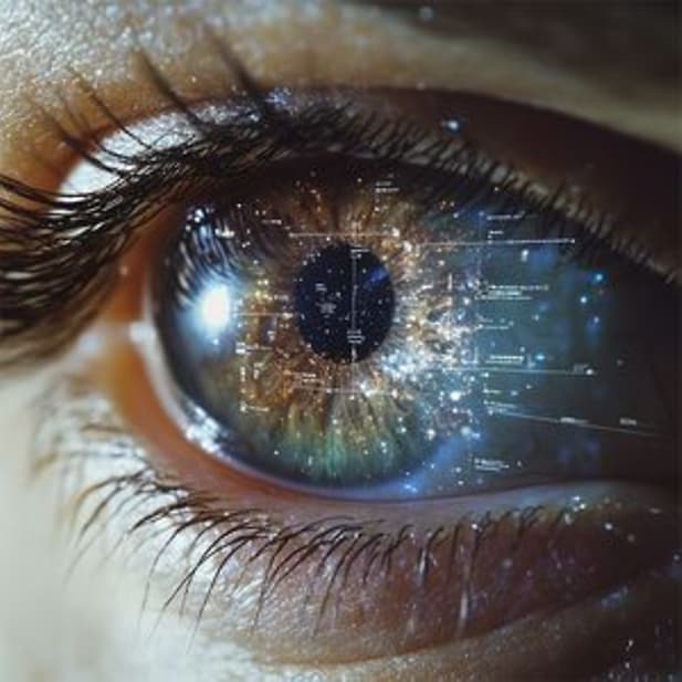 Close-up van een menselijk oog met digitale data en reflecties van een sterrenstelsel, als symbool voor toekomstige technologie.