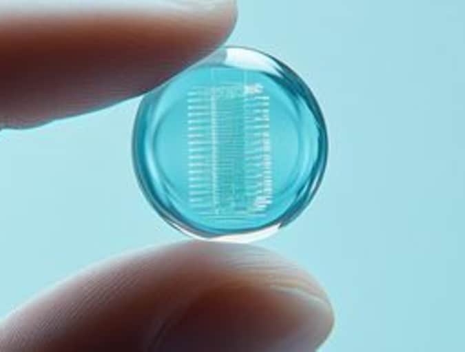 Plan rapproché sur une lentille intelligente entre les doigts d’une personne.