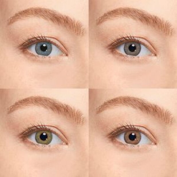 Montage de quatre images identiques montrant un œil portant des lentilles de couleurs naturelles différentes.