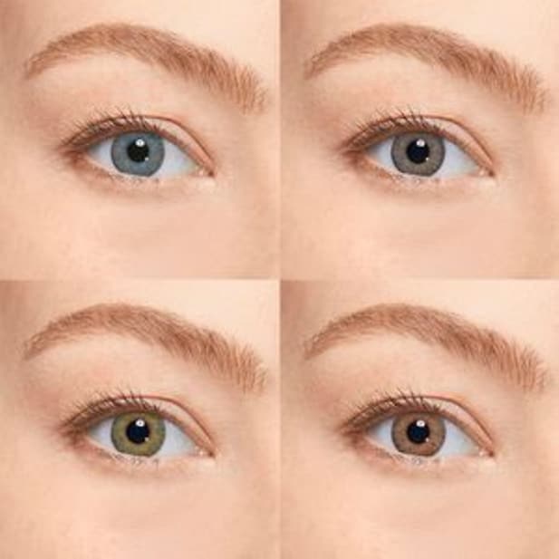 Vier afbeeldingen van een oog met verschillende natuurlijke kleurlenzen.