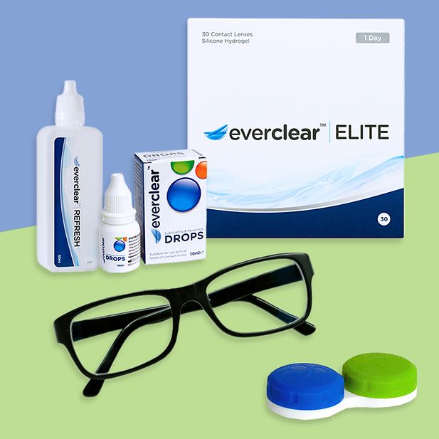 Een afbeelding met everclear lenzenvloeistof, everclear oogdruppels, everclear ELITE daglenzen, een bril en een lenzendoosje.