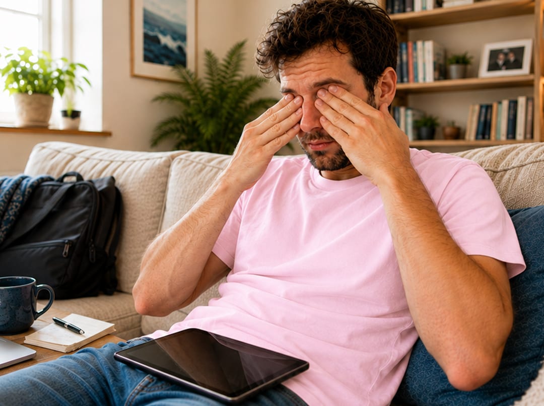 Man die zijn droge ogen wrijft op de bank