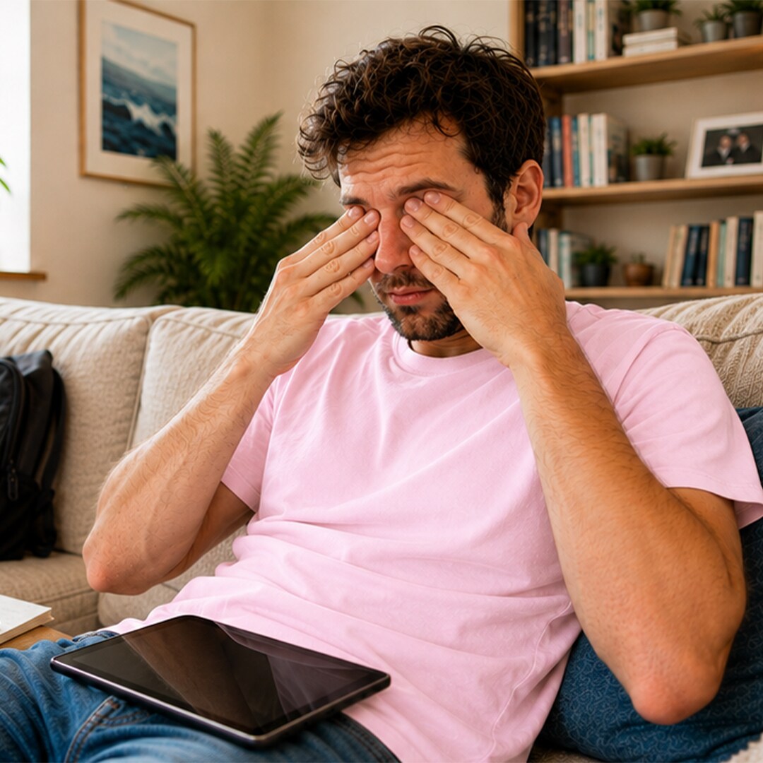 Man die zijn droge ogen wrijft op de bank