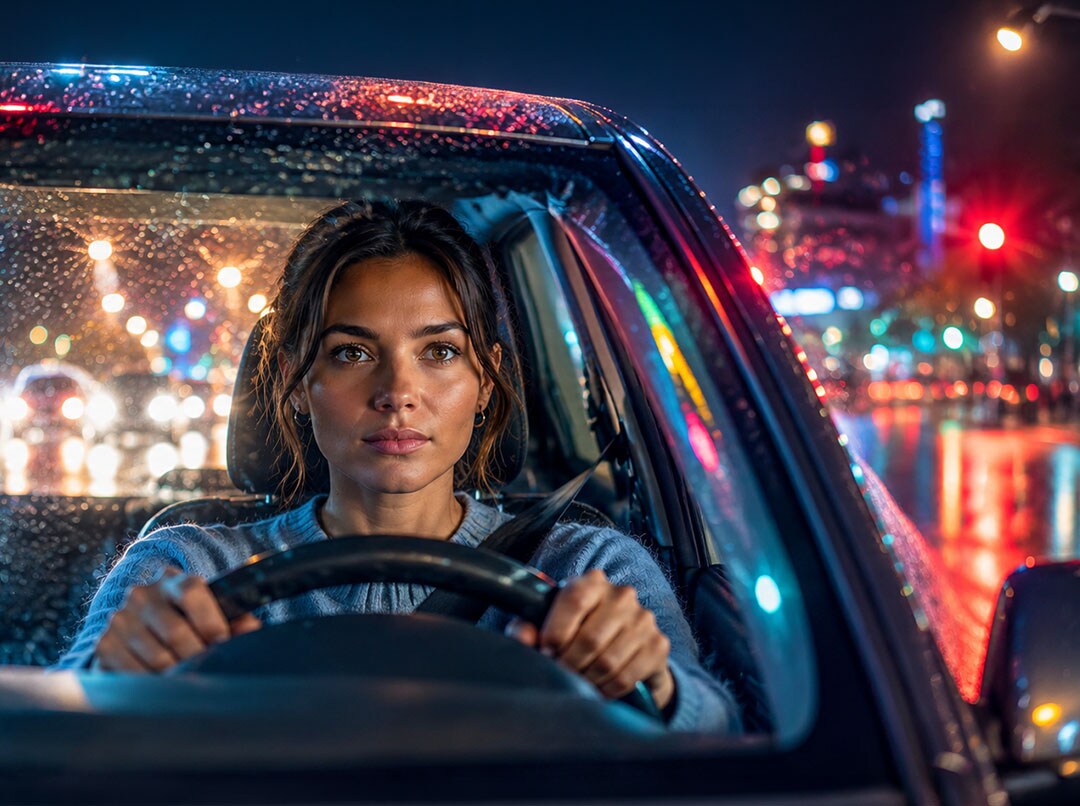 Een vrouw rijdt in het donker in de auto